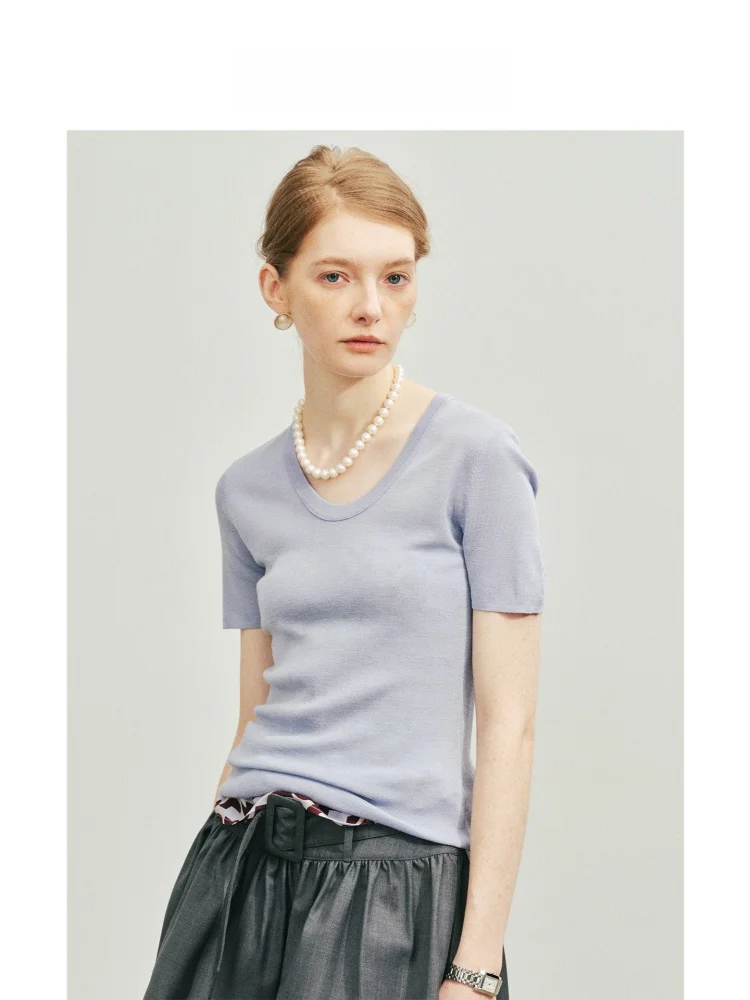 

Винтажная трикотажная футболка Slim Fit с U-образным вырезом HAVEHAS, базовая модель для гардероба, из шерстяной смеси, летний топ с коротким рукавом, стандартной длины