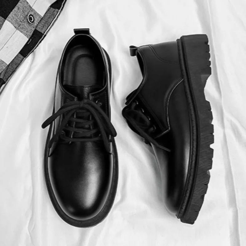 Zapatos sepatu kulit gaya Inggris pria, alas kaki Oxford kasual bisnis warna hitam, sepatu desainer Chunky