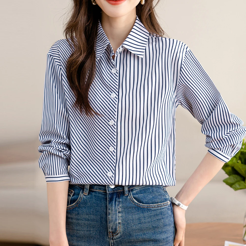

Classic Striped Woman Spring Autumn Blouses Shirt Lady Long Sleeve Turn-Down Collar Blusas Tops Office Lady Wear Fashion Clothes
