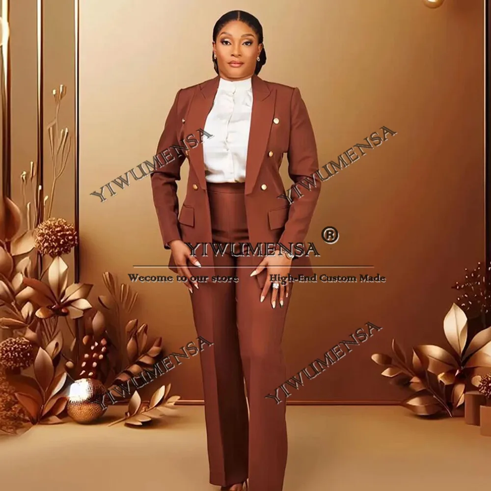 Pantaloni da donna marroni solidi adatti pantaloni giacca monopetto 2 pezzi abiti per la madre della sposa abbigliamento da matrimonio femminile personalizzato