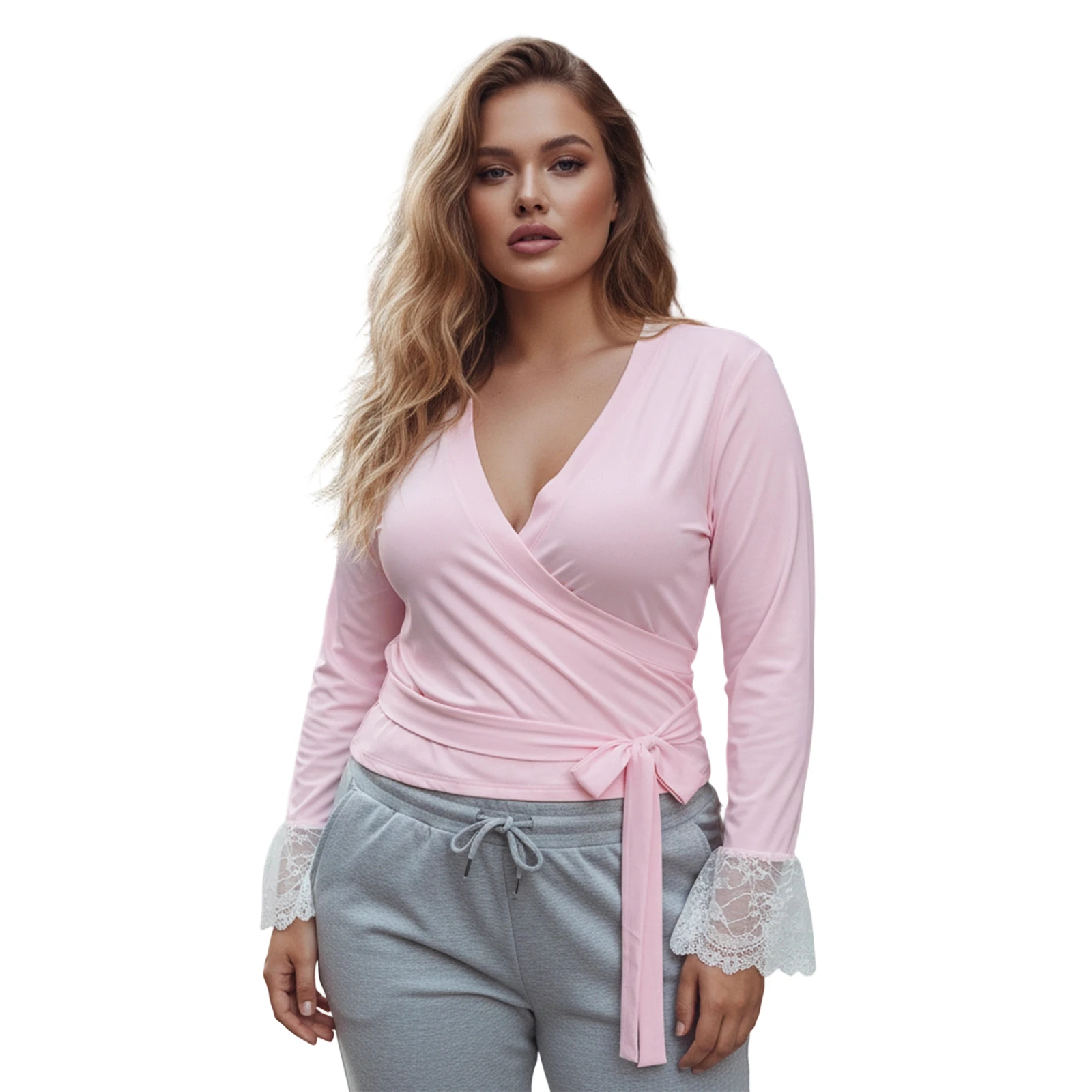 

Женские осенние топы больших размеров, модные длинные кружевные рубашки с v-образным вырезом в стиле пэчворк и рукавами