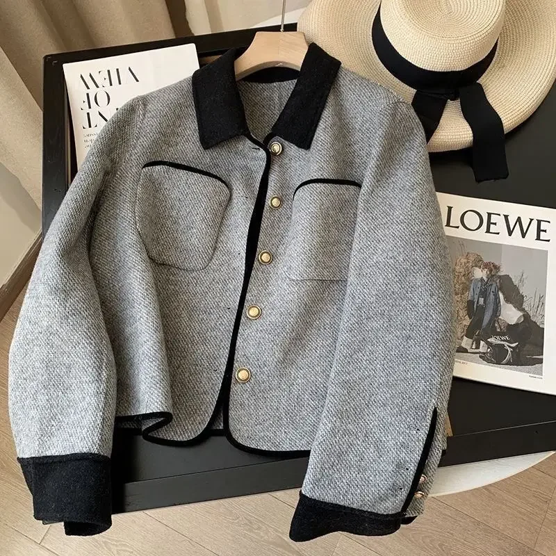 Korean-style gray small fragrance coat female autumn and winter retro high-grade design sense niche temperament long-sleeved top