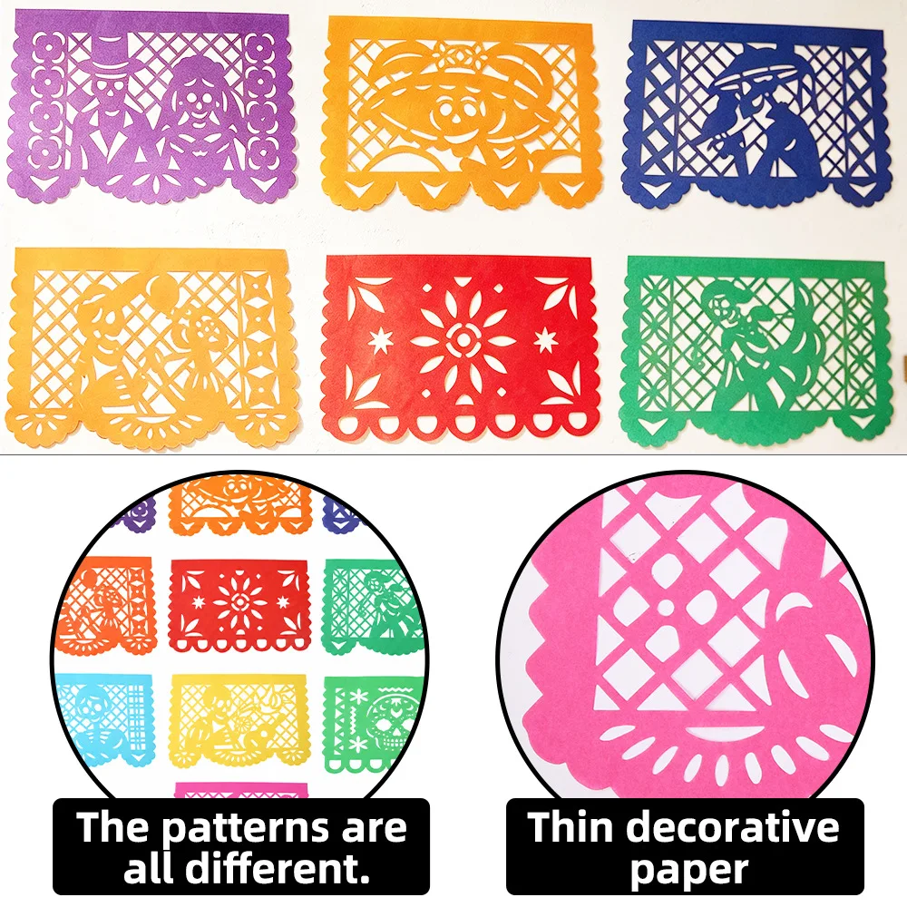 Mexikanisches Tag der Toten Papel Picado Banner 50 Stück Hohle Totenkopf-Blumen-Ausschnitt-Fahnen-Girlande Dia De Muertos Fiesta Party Hängedekoration – Detail 4