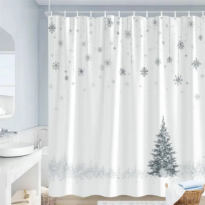 One Christmas-Themed Shower Curtain Featuring a Snowflake Design And Pine Trees, Made of Polyester Fabric. It Comes with 12 Hook