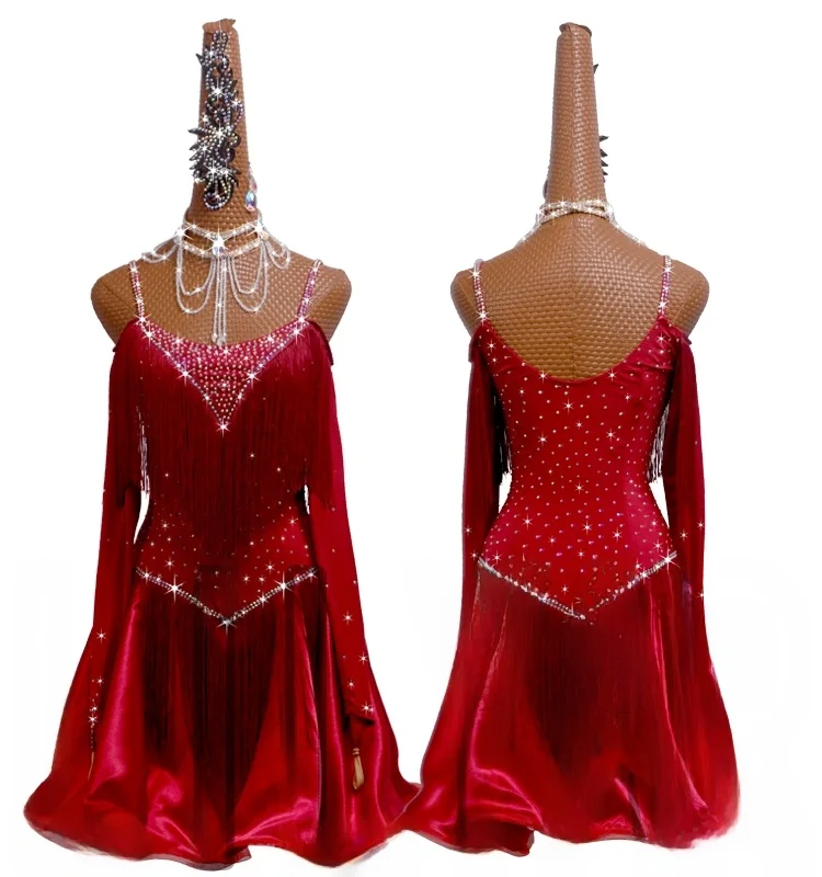 

New Latin Dance Cetition Skirt Belted Red Tassel oulder Bared Denim Samba Rumba Performance Costume for Women
