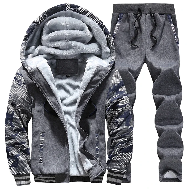 2022 Fleece Winter Tracksuit Men Set Streetwear Mens Hoodie Sets Camouflage Thick Hooded Jacket Male Patchwork Moleton Masculino