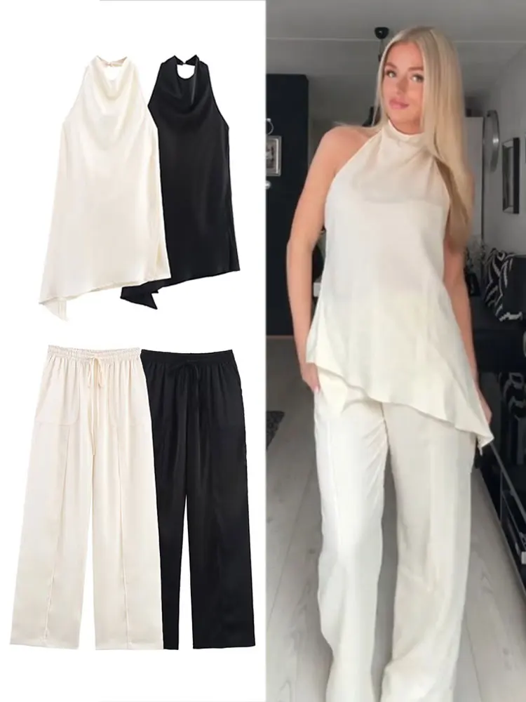 Eleganckie damskie komplety spodni z asymetrycznym topem typu halter bez pleców, spodnie z szerokimi nogawkami i sznurkiem, stroje biurowe dla kobiet.