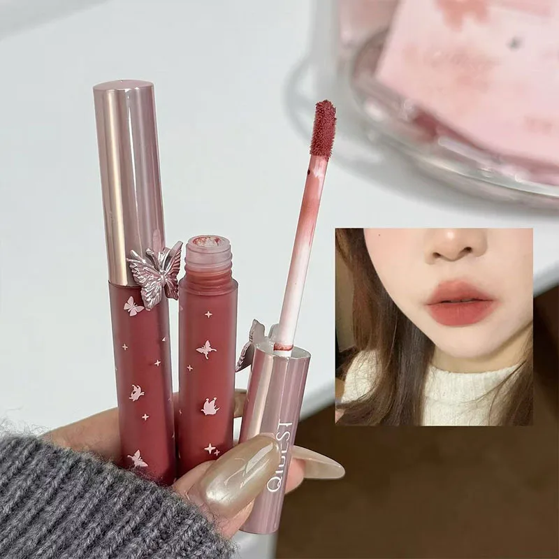 Feather Butterfly Soft Gloss Lippen-Make-up-Set, matt, matt, Herbst- und Winteratmosphäre, weiße Halskette, Lippenschlamm-Set