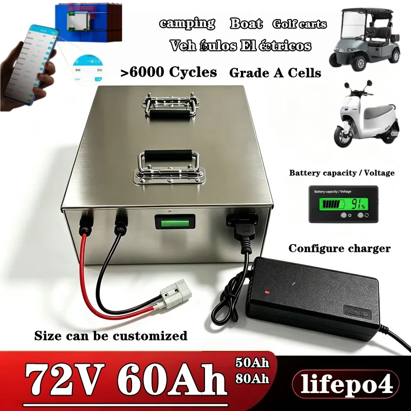 LifePo4 24S Lithium Battery 72V with 100A Bluetooth BMS 50Ah 60Ah 80Ah for 2000W 3000W 5000W Electric Bike Roller