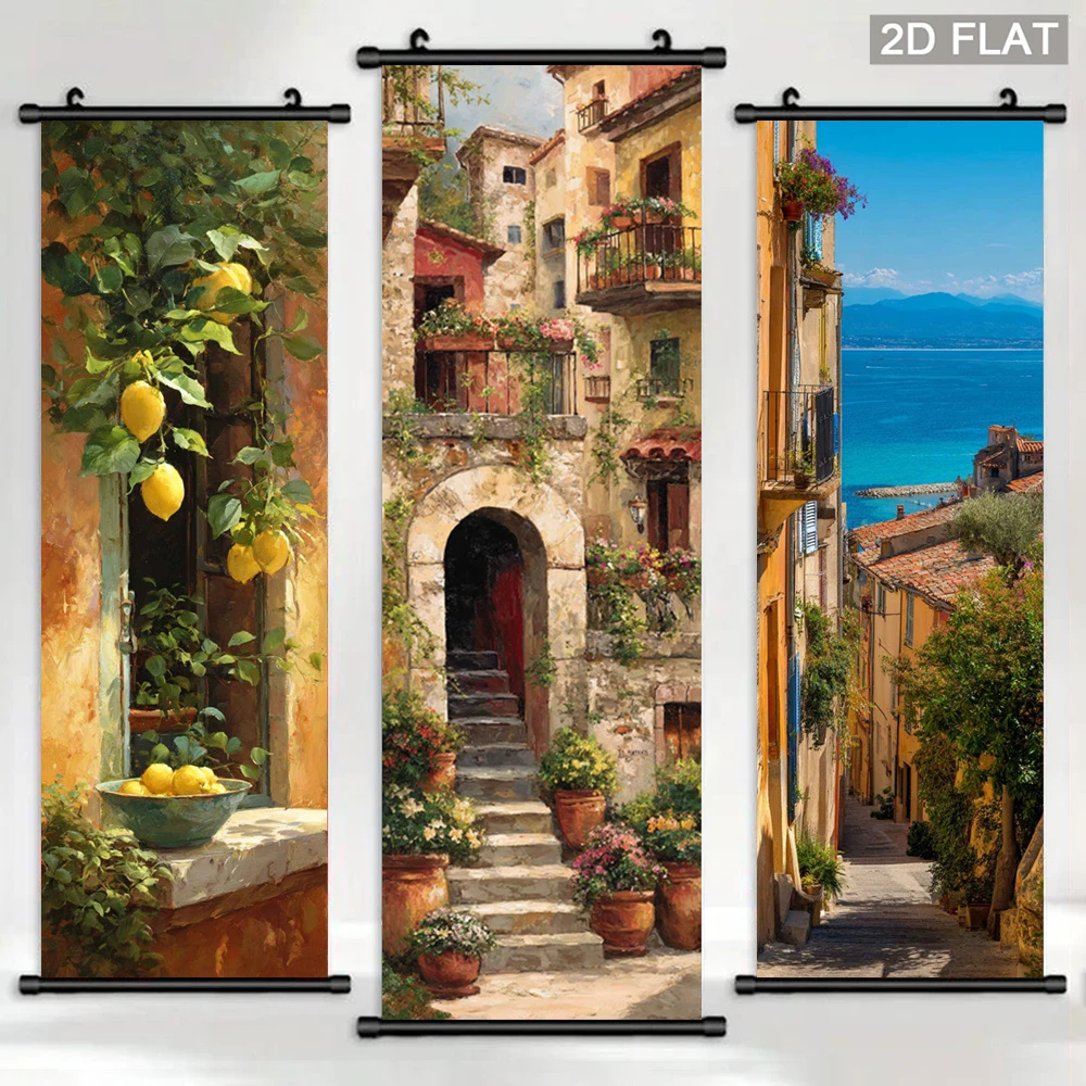 VIKAMA European Vintage Country Scroll Tapestry, Mediterranean Coastal Alley Flowers, Fabric Poster for Living Room Home Decor