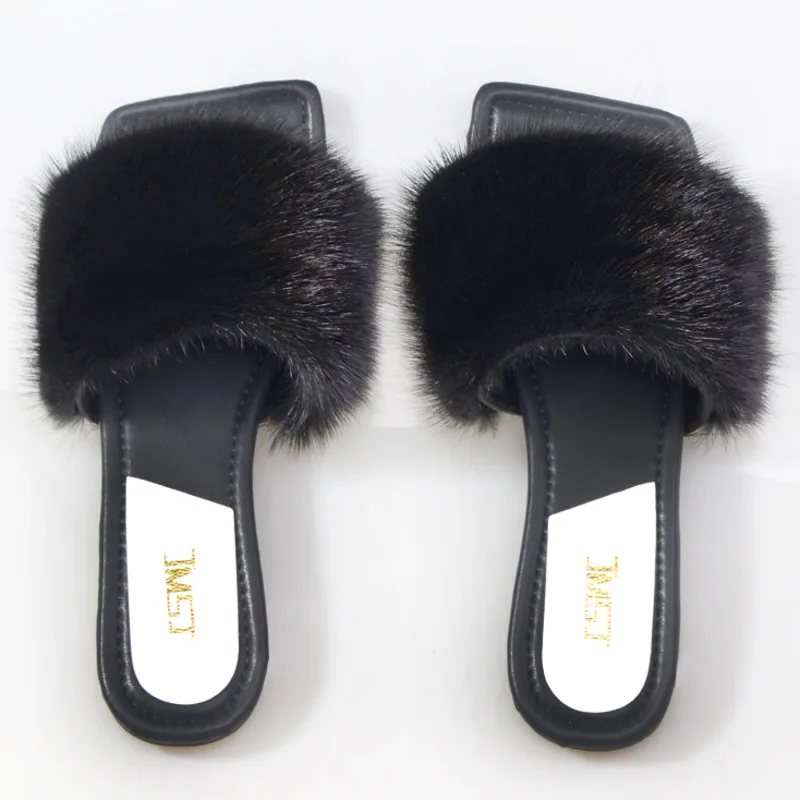 Real Mink Fur Slippers Fluffy Flip Flat Fur Women\'s Shoes Fashion Outdoor Slippers Sandals Beach Sandals House Shoes Sandals