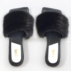 Real Mink Fur Slippers Fluffy Flip Flat Fur Women's Shoes Fashion Outdoor Slippers Sandals Beach Sandals House Shoes Sandals