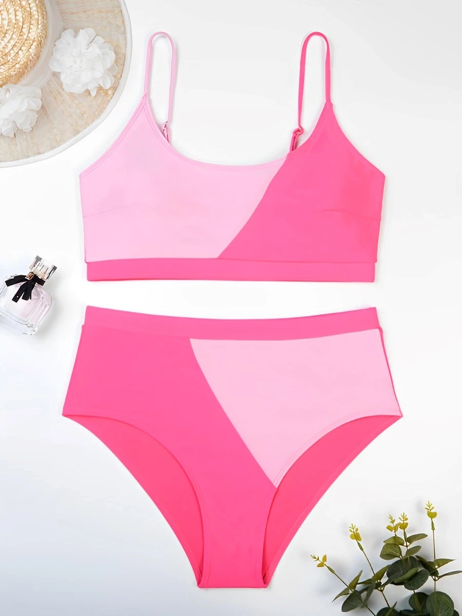 2024 Large Size Block Color Bikini Two Piece High Waist Swimsuit Women Swimwear Female Bathing Suit Beachwear Swimming