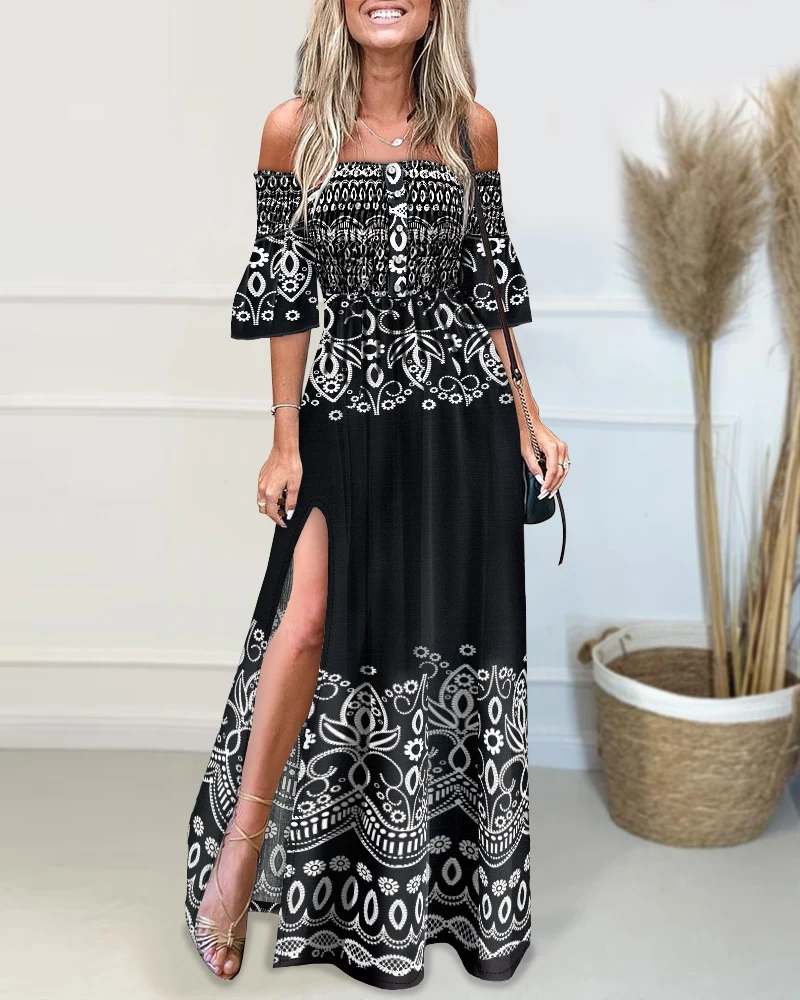 Gaun liburan wanita 2025 rok panjang bunga terbelah lengan lonceng gaun Maxi Off Shoulder motif Tribal terbaru musim panas musim semi