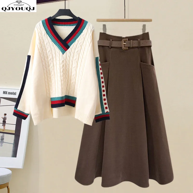 Autumn Gentle Style Women\'s 2024 New Korean Edition Loose and Fashionable Style Long sleeved Knitted Sweater Half Skirt Set