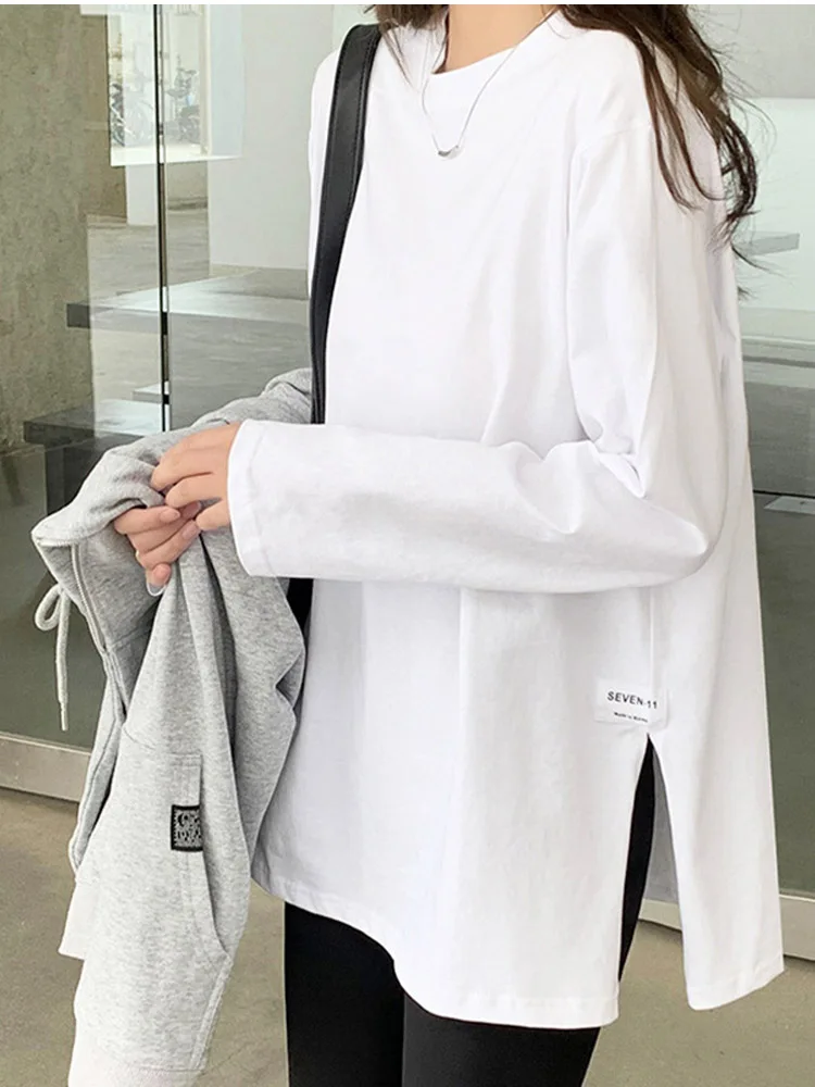 Autumn White Black Tops Women Korean Split Cotton T-shirt Female Long Sleeve Casual Loose Basic Shirt