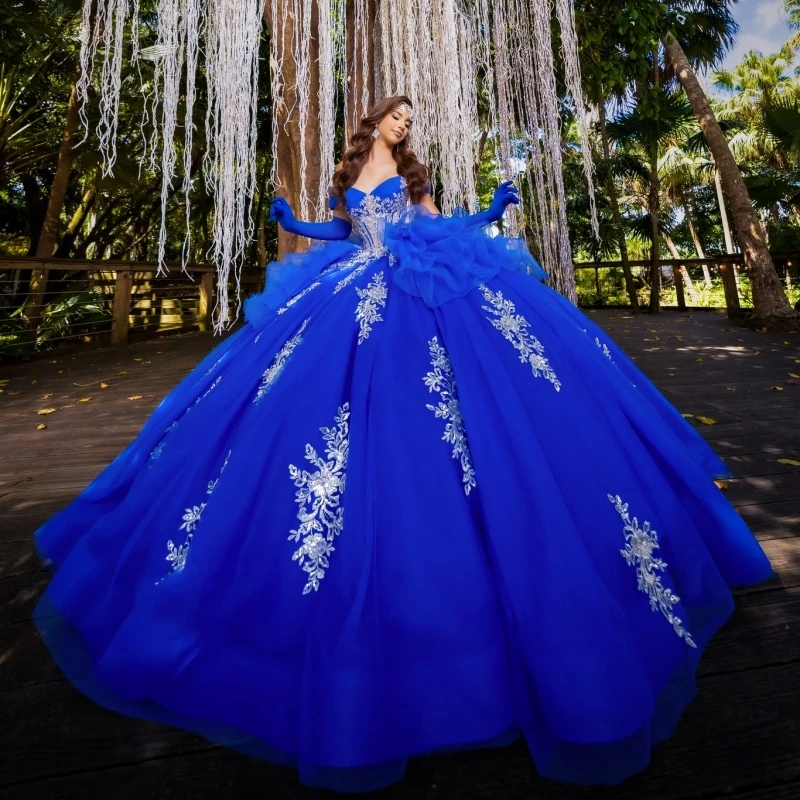

Royal Blue Quinceanera Dresses Off The Shoulder Applique Lace Beading Crystal Tiered Tull Corset Party Birthday Sweet 16 Dress