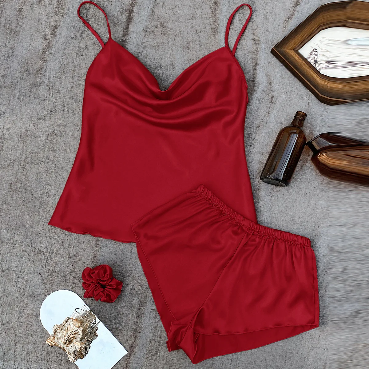 

Women's New Solid Color Pajamas Thin Home Suspender Shorts Set