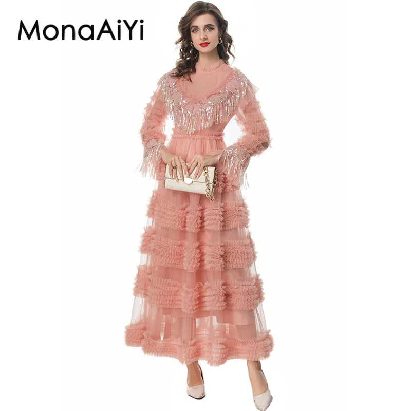 

MonaAiYi Autumn Women's Dress Stand Collar Lantern Sleeved Sequins Tassel Edible Tree Fungus Edge Gorgeous Ball Gown Dresses