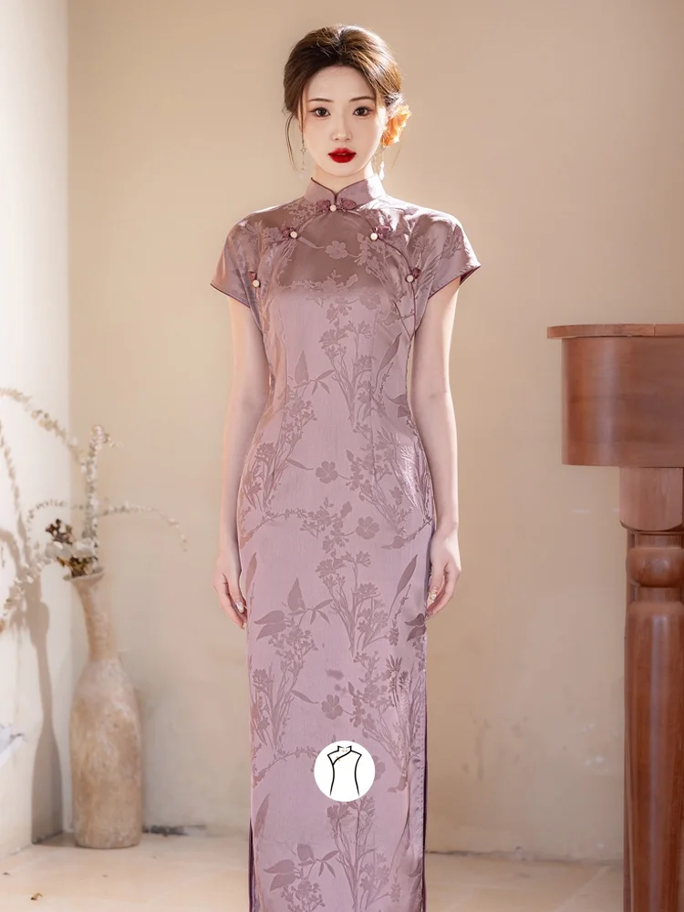 

Young Girl's Purple Floral Embroidery Silk Satin Dr Vintage Sle Long Qipao ort Sve Breathable Daily Wear
