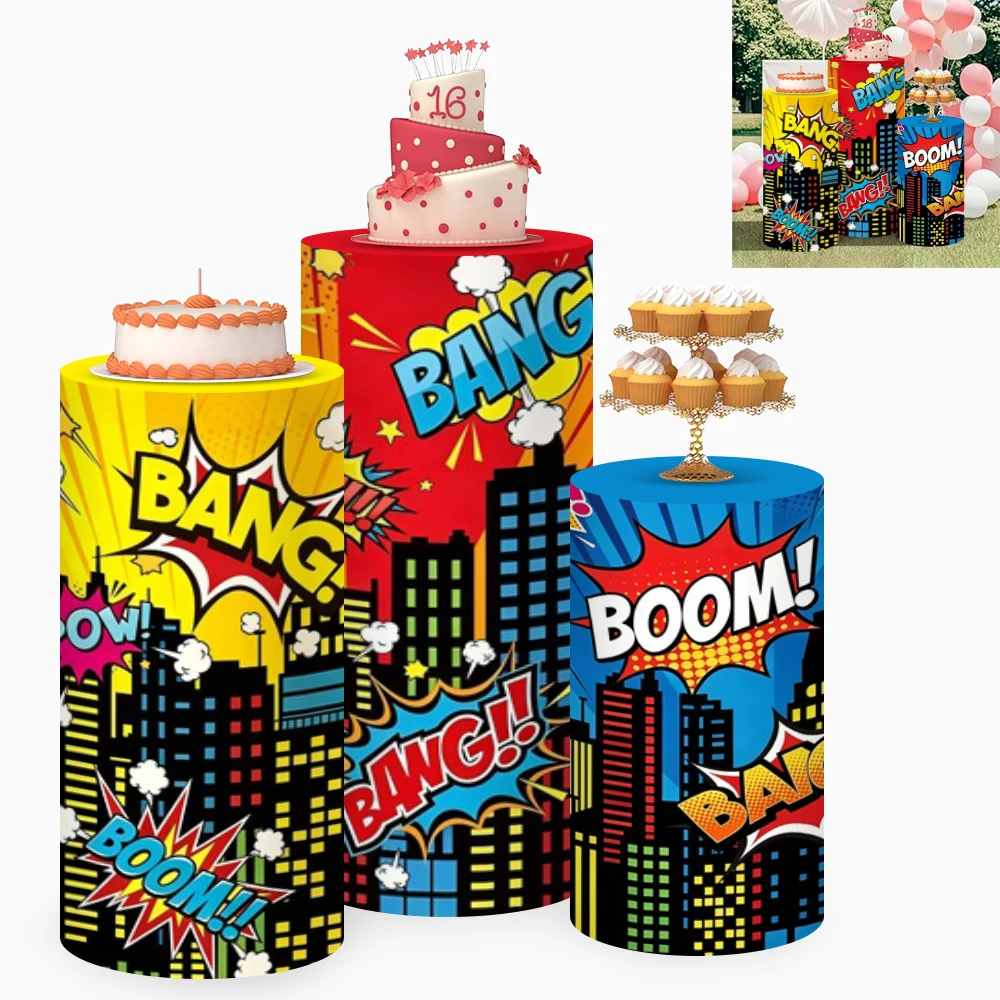 Yeele City Hero Cylinder Cover Backdrop Cityscape Buildings Elastic Cylinder Pedestal Stand Cover for Birthday Party Shower Prop