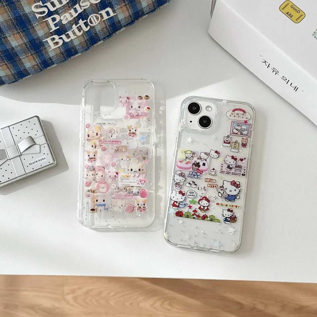 

Luxury Hello Kitty My Melody Star Sticker Pattern Phone Protection Cases For iPhone 16 15 13 14 Pro Max Plus 16E Soft Coque