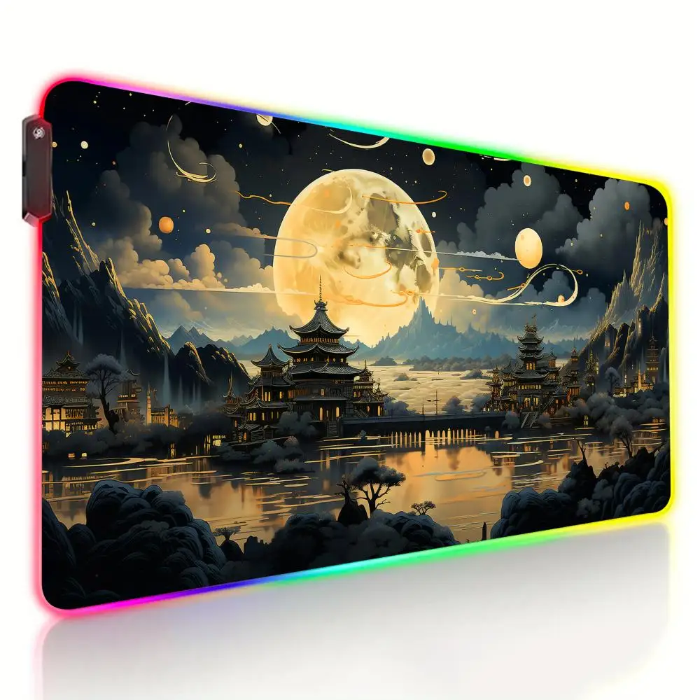 

Ancient buildings and Full moon scenery RGB Gaming Mouse Pad Desk Mat gaming mats Non-Slip Stitched Edge keyboard mouse mat
