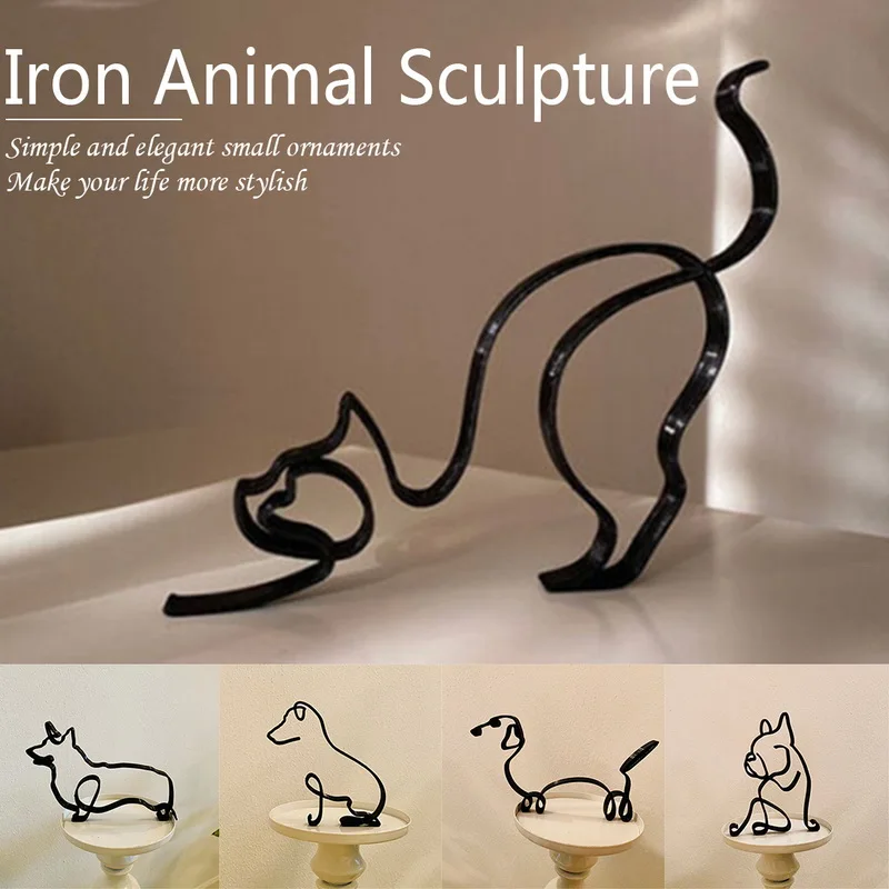 Animals Minimalist Art Iron Sculpture Retro Metal Black Lines Handmade Figurines Abstract Dog Ornaments Desk Art Decorations