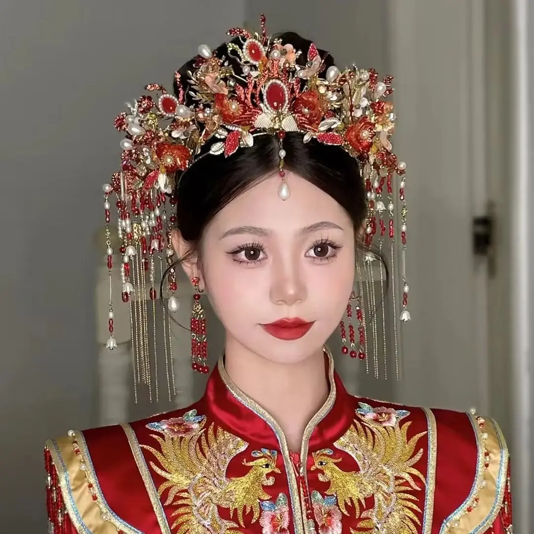 Chinese Bride's Phoenix Crown Ancient Costume Wedding Headwear with Grand Tassel Xiuhe Hair Accessories for Marriage