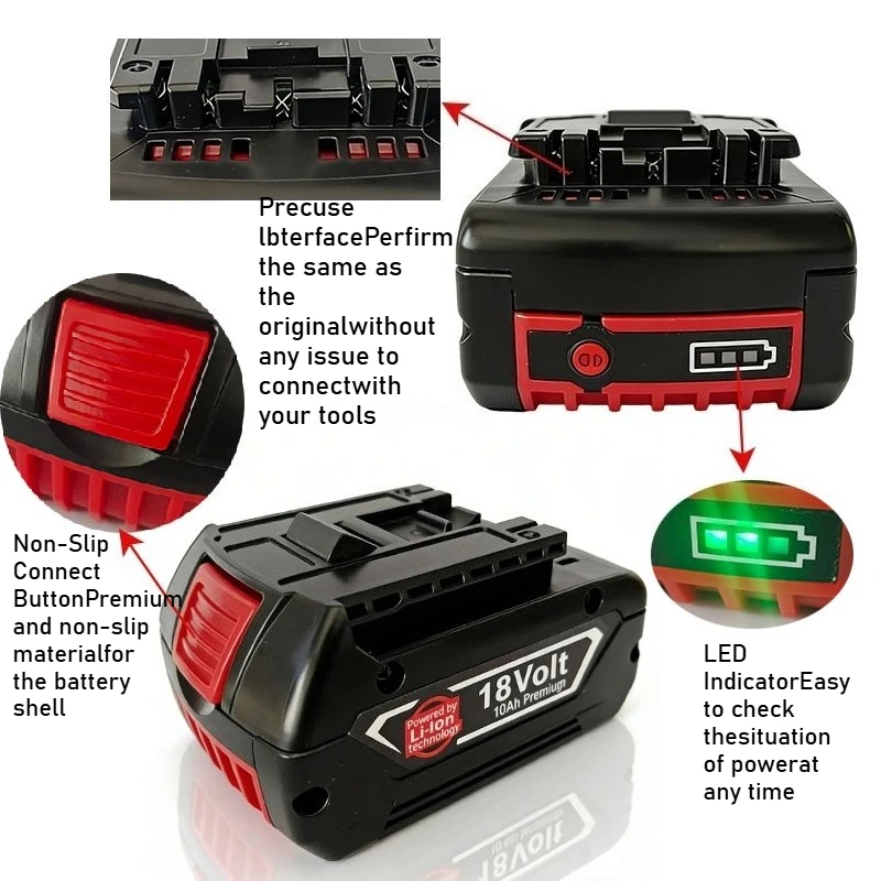 Suitable for Bosch 18V power tools 4Ah/6Ah/8Ah/10Ah capacity, compatible with GBA GBH GSR GSB BAT618 lithium replacement battery