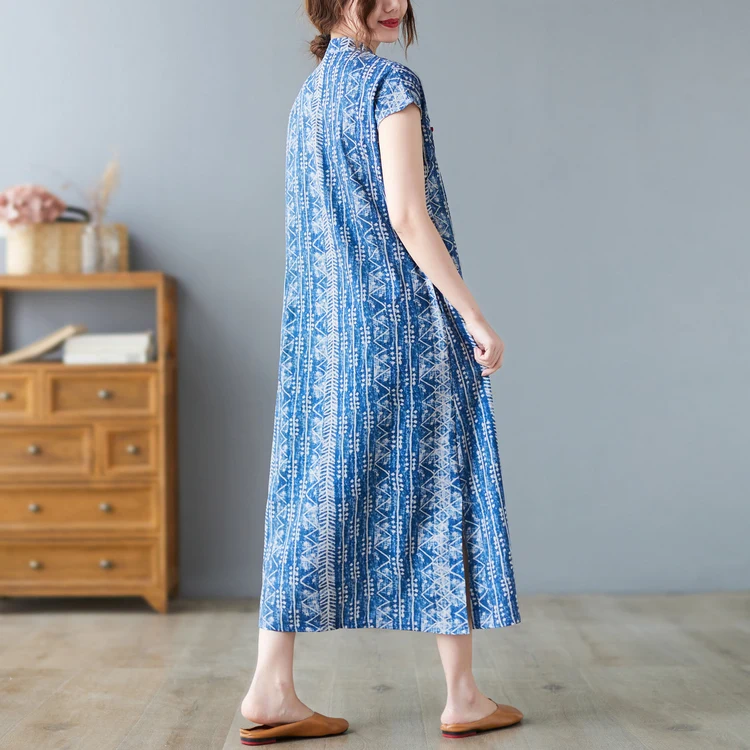 Summer New Vintage Chinese Sle  Wax Print Knee-Length round Collar Svel Low Slit Women's Traditional Costume