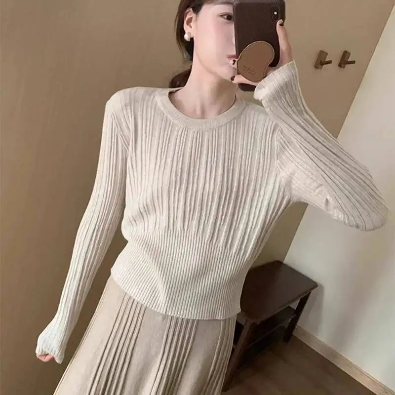 

Осенний новый свитер с завязкой на талии, пуловер, женские корейские эластичные вязаные свитера, женские повседневные джемперы в рубчик с круглым вырезом