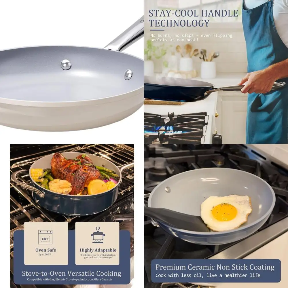 

10 Ceramic Nonstick Skillet - Safe Cooking Pan for Eggs, Pancakes, Stir Frys, Even Heat, PTFE/PFOA/PFAS Free, All Cooktops, Stai