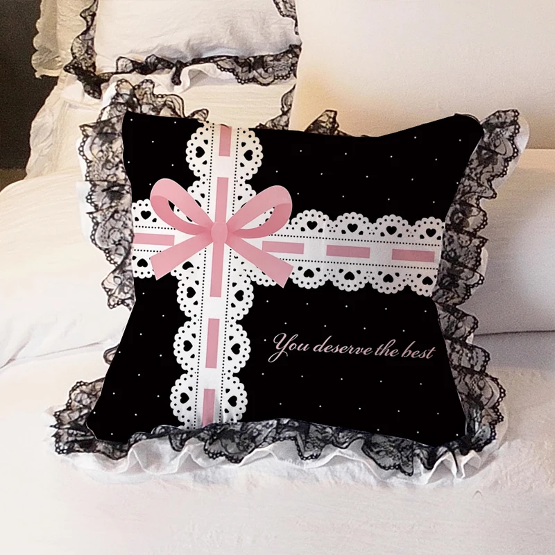 Gothic Lolita Y2k Black Pink Print Cotton Pillow With Pillow Core Lace Ruffled Fluffy Soft Throw Pillow Sofa Bedroom Cushion