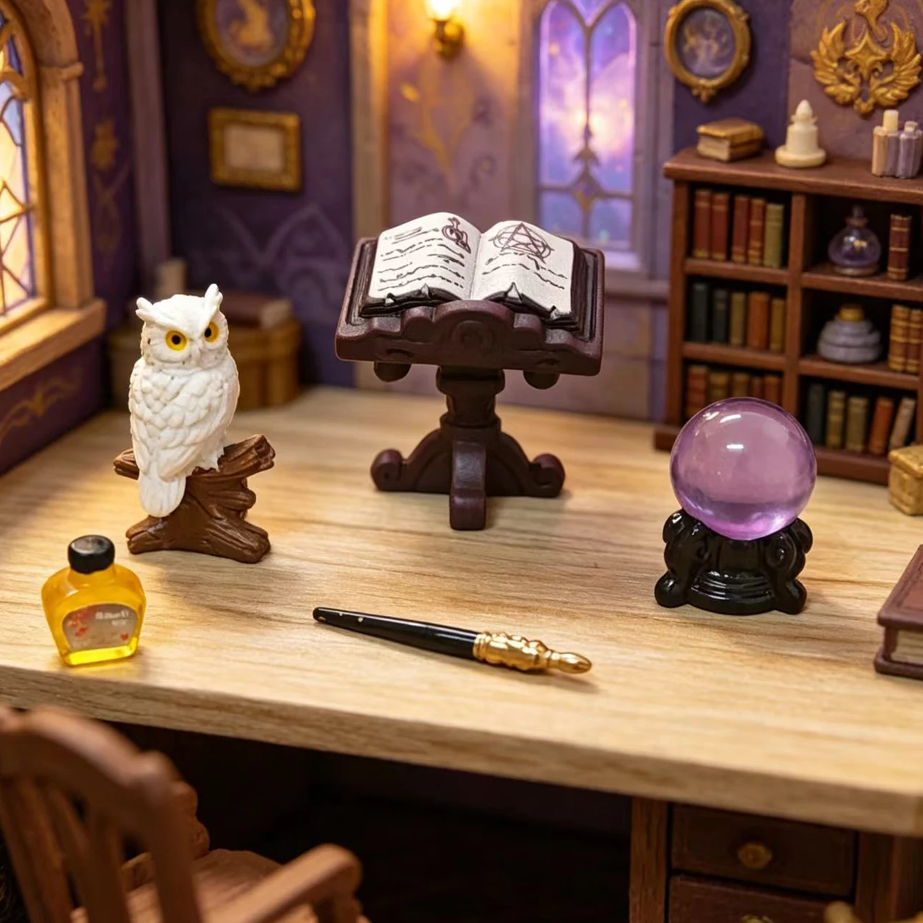 5 Stück Miniatur-Eulen-Zauberfiguren, Puppenhaus-Zubehör für dunkle Räume, Kristallkugel-Eulen-Medizin-Stift, Miniatur-Szenenrequisite – Detail 1