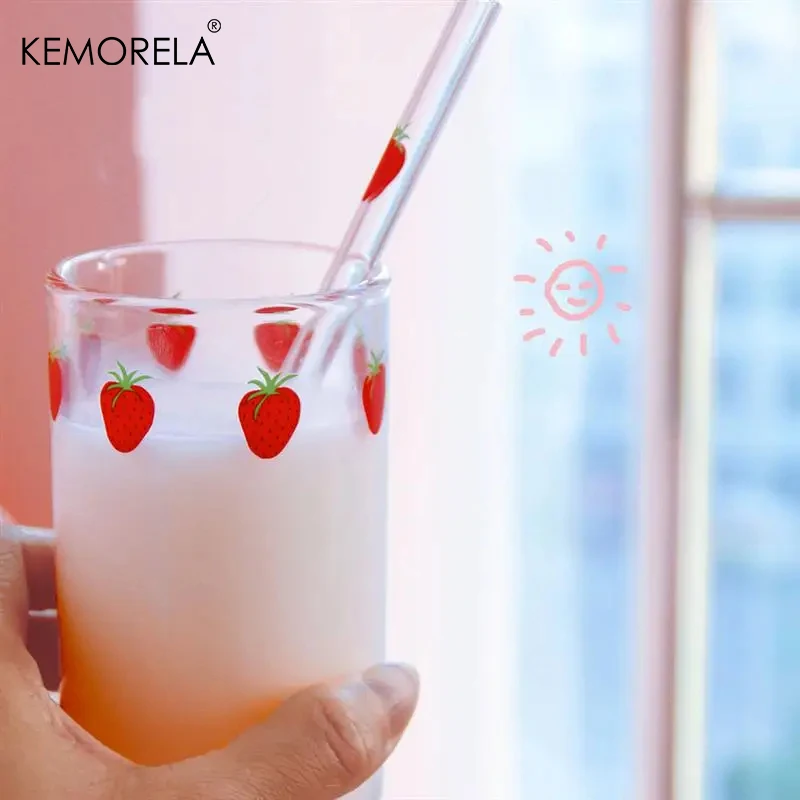 300ml Strawberry Orange Cute Glass Cup Transparent Coffee Milk Water Cups Student Milk Heat Resistant Cold Drinks Without Straw