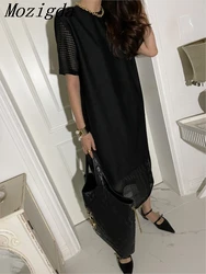 Korean Chic Loose Waffler Dress Women Korean Elegant Vintage Hollowed Ladies Dresses Midi Black Woman Dress Vestidos