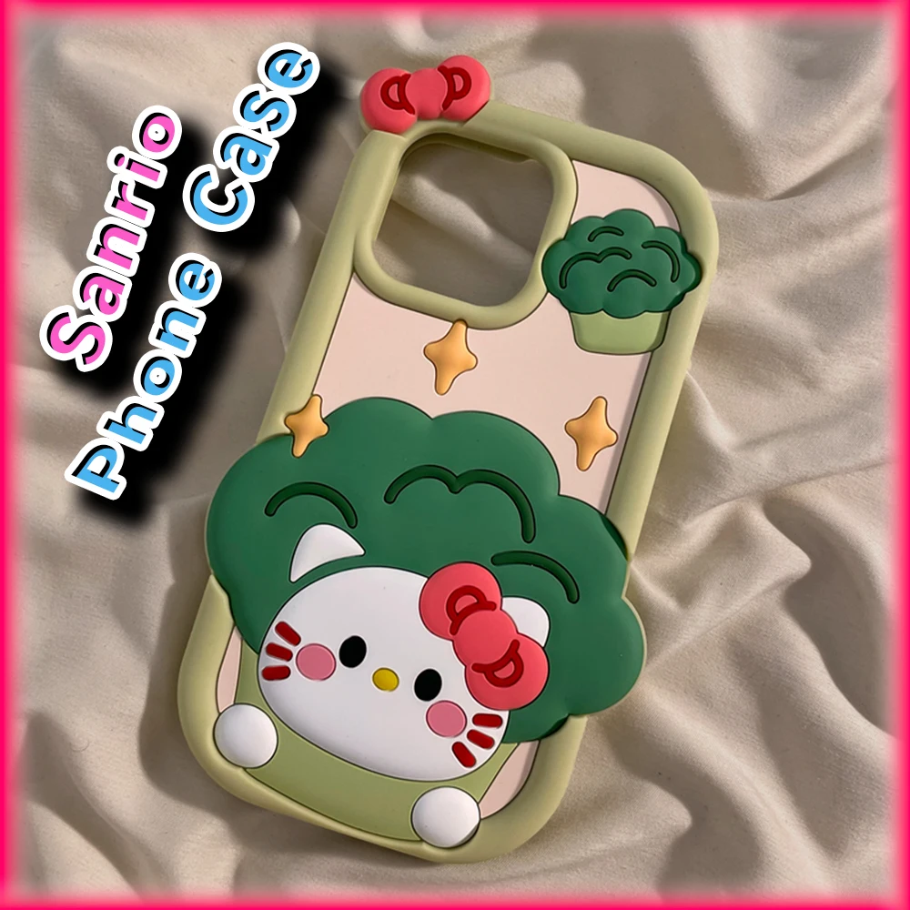 Kawaii Broccoli Hello Kitty Shockproof Phone Case for IPhone11 12 13 14 15Pro Max Sanrio Anime Fashion 3D Funny Protective Cover