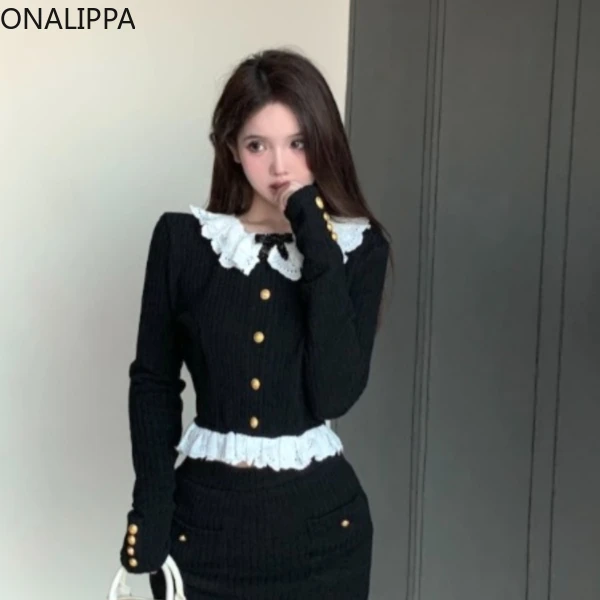 Onalippa Lace Ruffles Knitted Cropped Cardigan Women Patchwork Chic Buttons Knitted Cardigans Celebrity Style Elastic Sweaters