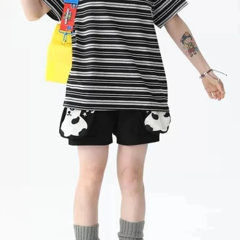 Pantalones cortos de algodón japonés Lolita para mujer, pantalones cortos informales bonitos y estéticos Y2k con cintura elástica Kawaii, bordado de Panda, verano