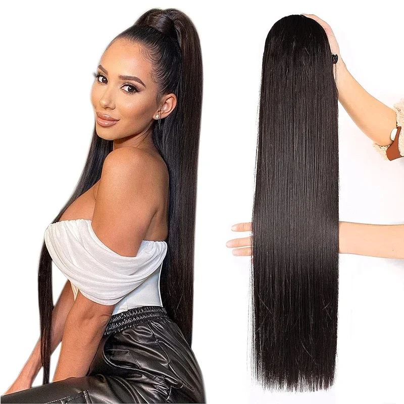 Long Straight Drawstring Ponytail Extension for Women Black Red  Pony Tails Synthetic Natural Clip in Ponytail Hair Extensions