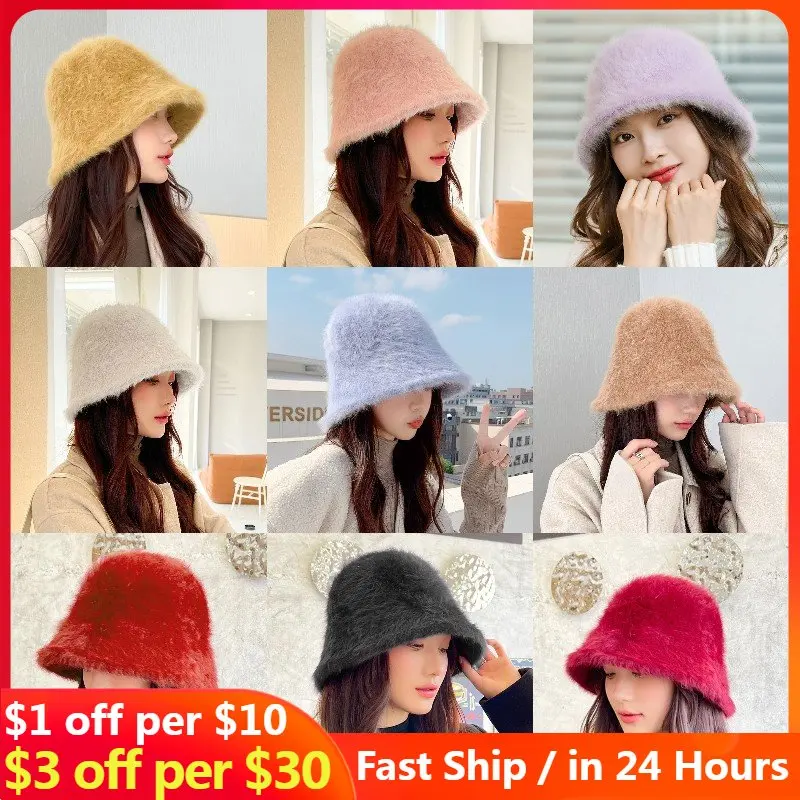 

59CM Winter Hat Women's Korea Fashion 2023 New Solid Color Rabbit Fur Hat Bucket Hats Fisherman Hat Retro Knitted Wool Basin Cap