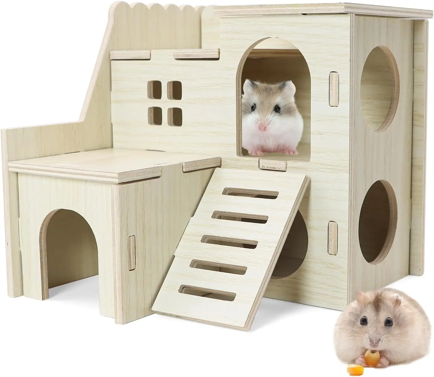 

Wooden Hamster Hideout with Maze and Slide, Habitat House for Dwarf Gerbils, Mice, and Small Animals