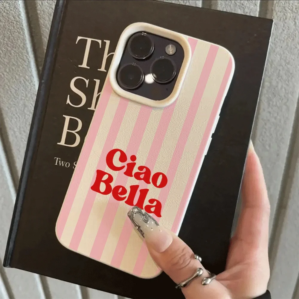 Ins Style Ciao Bella Rosa Gestreifte Handyhülle für iPhone 17 16 15 14 13 12 11 Pro Max Plus X XR Silikon Matt Stoßfeste Hülle – Detail 6