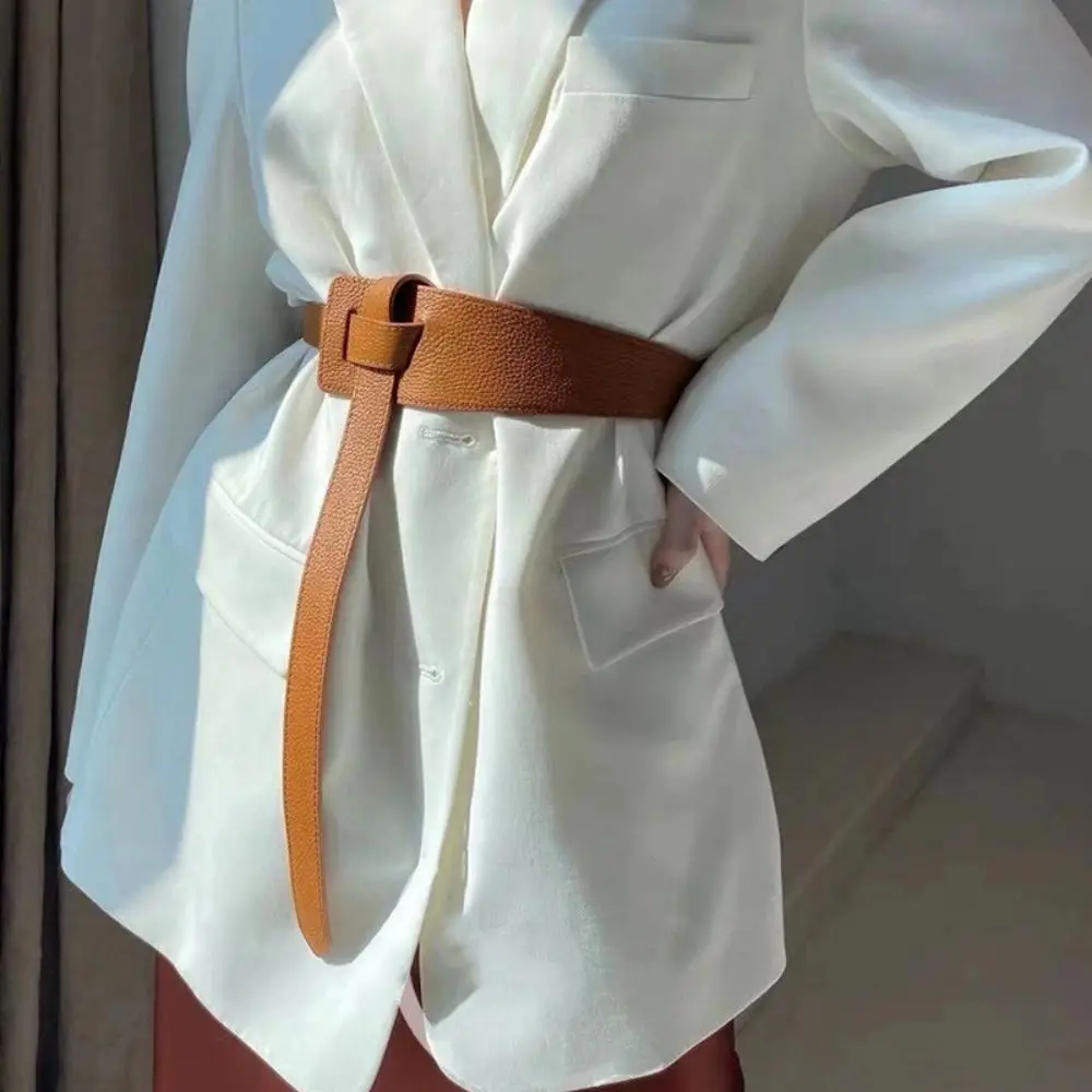 High Quality Pu Leather Designer Belts Wide Long Dress Belt Knot Soft Coat Belt Women
