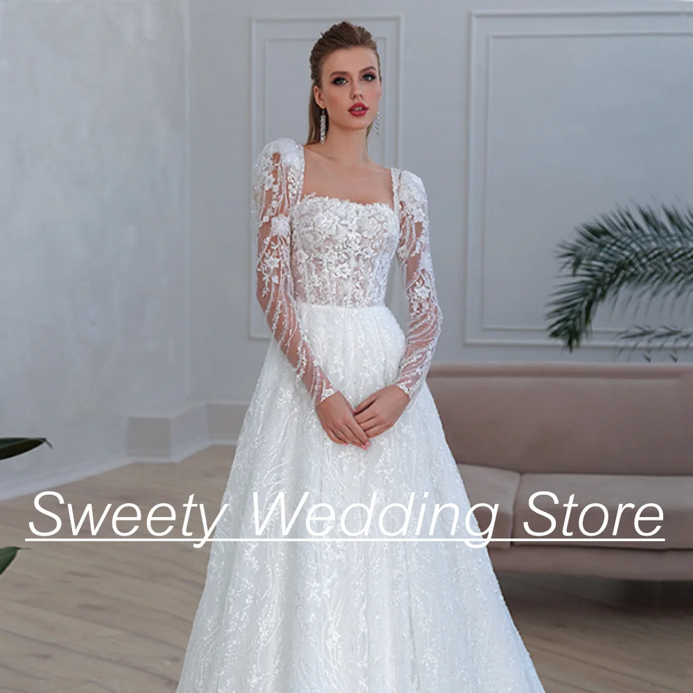 Jiayigong Lace Wedding Dress Square Neck Long Sleeves Glitter Applique Sweep Train Backless A Line Bridal Gown Robe De Mariage