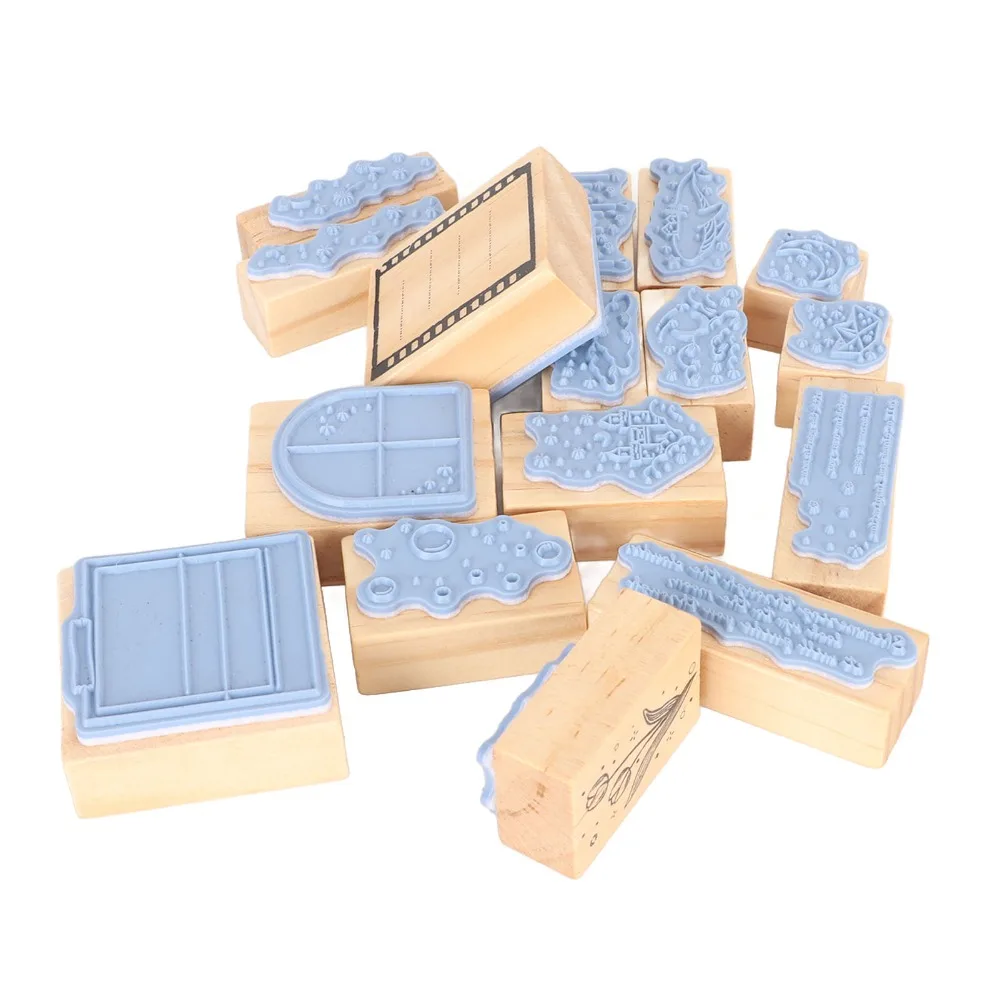 16pcs Clear Imprint Wooden Rubber Stamp Set Moon Cloud Scenery Delicate Carving Decorative Wood Stamp Rectangle Stamp Set