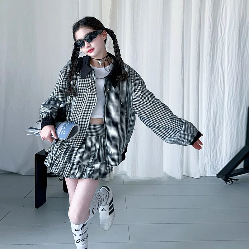 

Junior Girls Outfit Autumn Teenager Girls Patchwork Turn Down Collar Coat Kids Girls Pleated Skirt School Girls Plaid 2pcs Sets