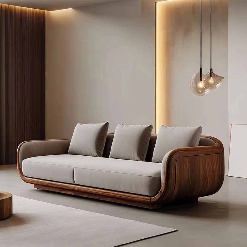 

Italian Minimalist Black Walnut Fabric Sofa Set High-End Villa Apartment Living Room Modern Light Luxury Solid Wood Back Sponge