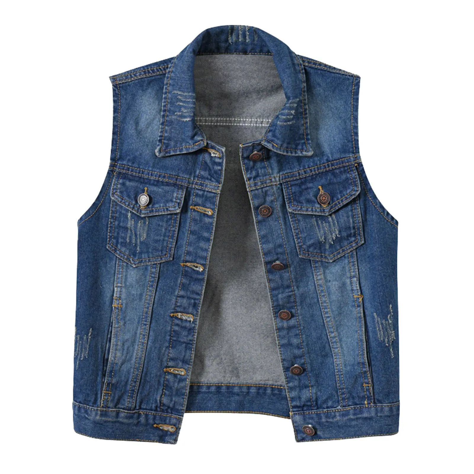 Giacca da donna in denim lavato con bottoni, gilet corto senza maniche, tinta unita, tasca con bottoni, gilet da donna, cappotti, gilet stile casual